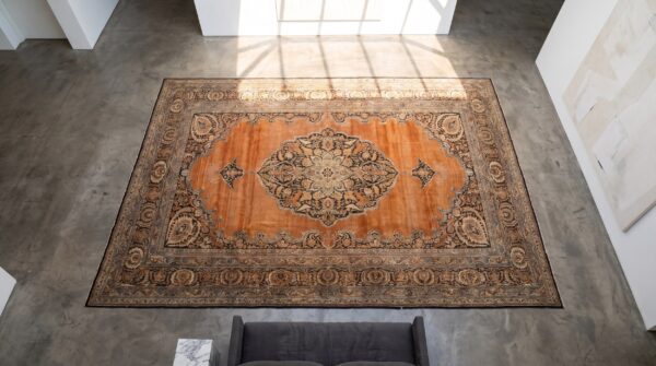 Large red open field floral medallion antique fine classic persian tabriz rug 2 Large red open field floral medallion antique fine classic persian tabriz rug (sku 19335) - styled overhead view