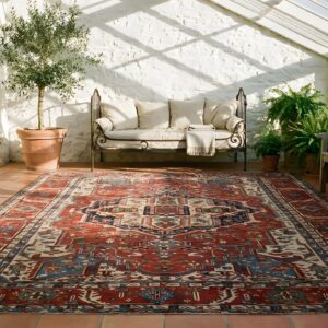 Antique Large Red Room Size Tribal Geometric Medallion Persian Heriz Serapi Rug (SKU 25014) - room view