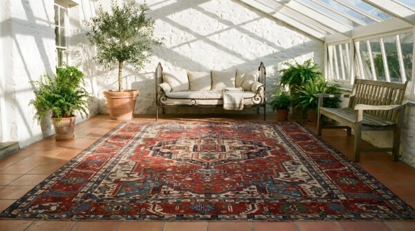 Antique large red room size tribal geometric medallion persian heriz serapi rug 8 Antique large red room size tribal geometric medallion persian heriz serapi rug (sku 25014) - room view