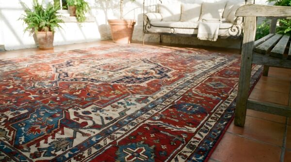 Antique large red room size tribal geometric medallion persian heriz serapi rug 9 Antique large red room size tribal geometric medallion persian heriz serapi rug (sku 25014) - in-room detail
