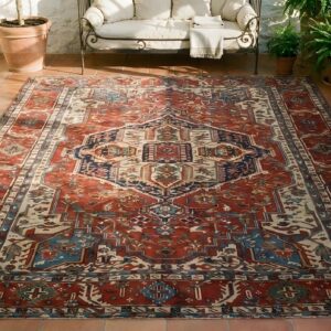 Antique Large Red Room Size Tribal Geometric Medallion Persian Heriz Serapi Rug (SKU 25014) - styled overhead view