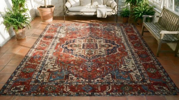 Antique large red room size tribal geometric medallion persian heriz serapi rug 2 Antique large red room size tribal geometric medallion persian heriz serapi rug (sku 25014) - styled overhead view