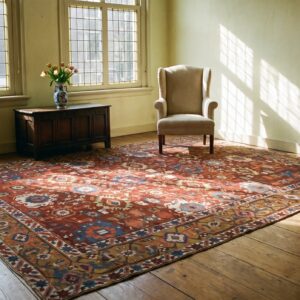 Large Red Tribal Geometric Antique Persian Heriz Serapi Room Size Rug (SKU 24078) - room view