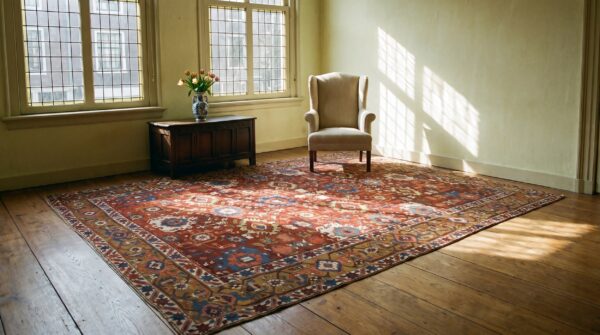 Large red tribal geometric antique persian heriz serapi room size rug 14 Large red tribal geometric antique persian heriz serapi room size rug (sku 24078) - room view