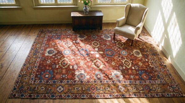 Large red tribal geometric antique persian heriz serapi room size rug 2 Large red tribal geometric antique persian heriz serapi room size rug (sku 24078) - styled overhead view