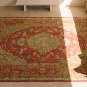 Large Room Size Antique Animal Design Red Turkish Oushak Rug (SKU 19792) - styled overhead view