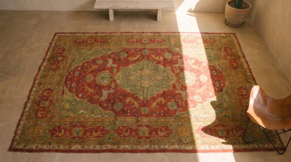 Large room size antique animal design red turkish oushak rug 2 Large room size antique animal design red turkish oushak rug (sku 19792) - styled overhead view