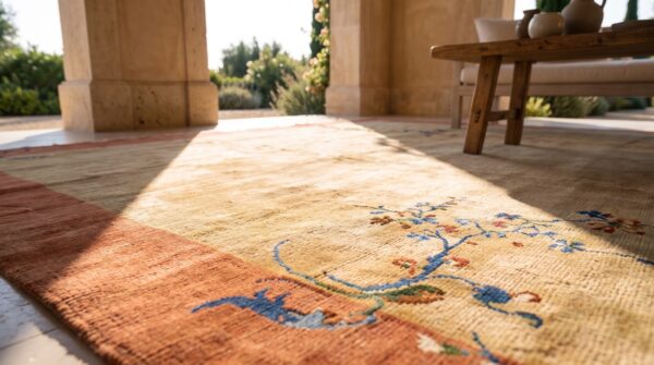 Large room size beige cream color antique floral chinese art decor hand knotted rug 6 Large room size beige cream color antique floral chinese art decor hand knotted rug (sku 24498) - in-room detail