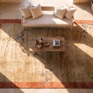 Large Room Size Beige Cream Color Antique Floral Chinese Art Decor Hand Knotted Rug (SKU 24498) - styled overhead view