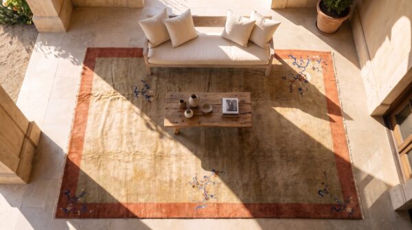 Large room size beige cream color antique floral chinese art decor hand knotted rug 2 Large room size beige cream color antique floral chinese art decor hand knotted rug (sku 24498) - styled overhead view