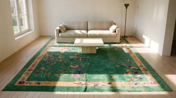 Antique large room size chinese art deco hand knotted pile green rug 7 Antique large room size chinese art deco hand knotted pile green rug (sku 25371) - room view
