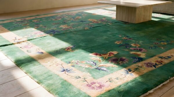 Antique large room size chinese art deco hand knotted pile green rug 8 Antique large room size chinese art deco hand knotted pile green rug (sku 25371) - in-room detail