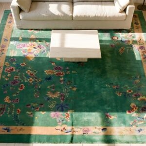 Antique Large Room Size Chinese Art Deco Hand Knotted Pile Green Rug (SKU 25371) - styled overhead view