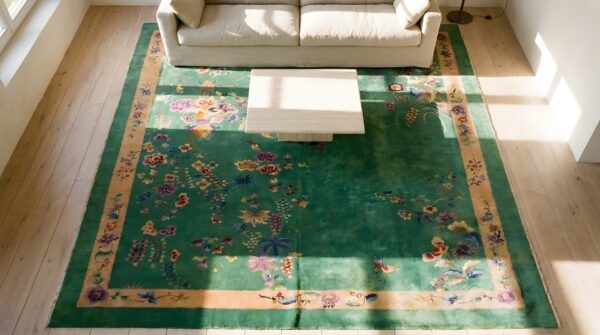 Antique large room size chinese art deco hand knotted pile green rug 2 Antique large room size chinese art deco hand knotted pile green rug (sku 25371) - styled overhead view