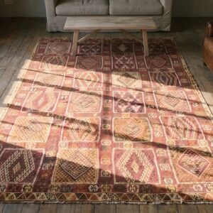 Large Room Size Antique Flat Woven Tribal Geometric Turkish Kilim Rug (SKU 22108) - styled overhead view