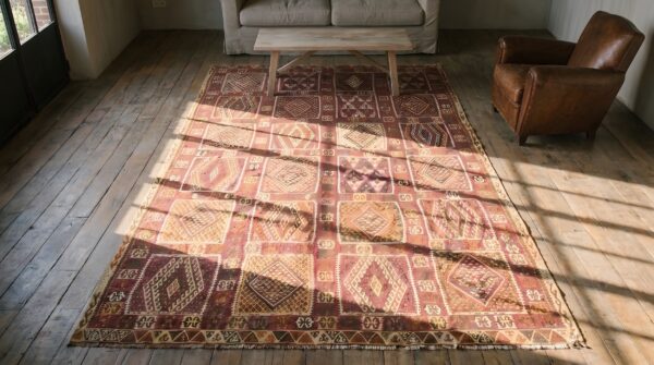 Large room size antique flat woven tribal geometric turkish kilim rug 2 Large room size antique flat woven tribal geometric turkish kilim rug (sku 22108) - styled overhead view