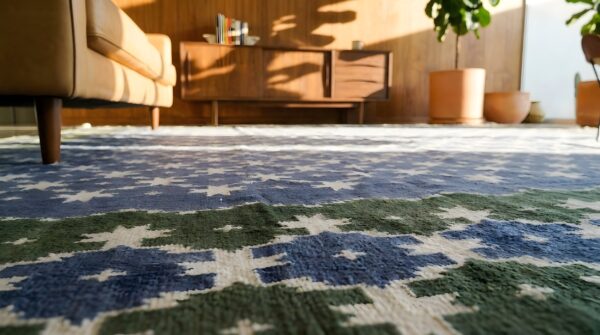 Antique large room size geometric indian cotton flat weave dhurrie rug (sku 24154) - in-room detail