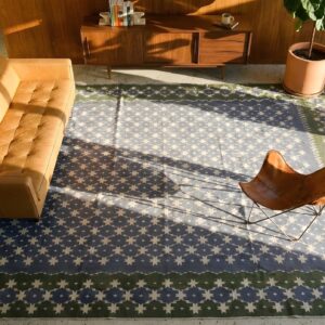 Antique Large Room Size Geometric Indian Cotton Flat Weave Dhurrie Rug (SKU 24154) - styled overhead view