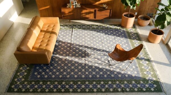 Antique large room size geometric indian cotton flat weave dhurrie rug (sku 24154) - styled overhead view