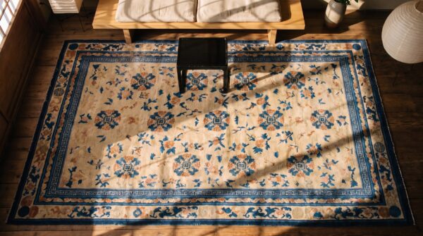 Antique large room size ivory chinese allover floral ningxia rug 2 Antique large room size ivory chinese allover floral ningxia rug (sku 22544) - styled overhead view