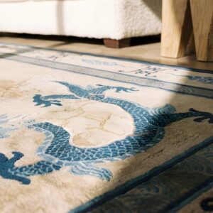 Large Room Size Ivory Antique Open Field Floral Cloud Band Dragon Medallion Chinese Peking Rug (SKU 22297) - in-room detail