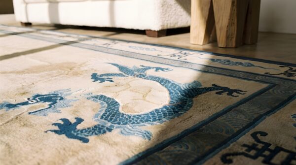 Large room size ivory antique open field floral cloud band dragon medallion chinese peking rug 8 Large room size ivory antique open field floral cloud band dragon medallion chinese peking rug (sku 22297) - in-room detail