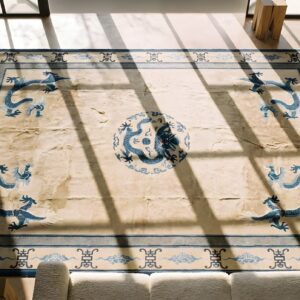 Large Room Size Ivory Antique Open Field Floral Cloud Band Dragon Medallion Chinese Peking Rug (SKU 22297) - styled overhead view