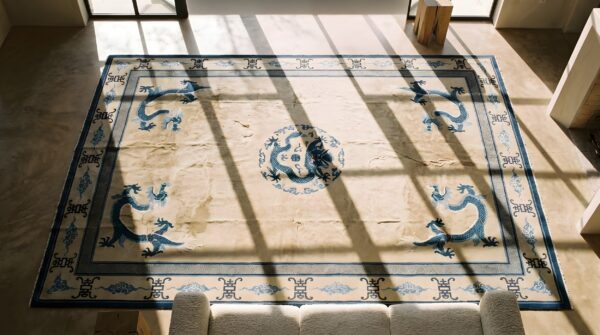 Large room size ivory antique open field floral cloud band dragon medallion chinese peking rug 2 Large room size ivory antique open field floral cloud band dragon medallion chinese peking rug (sku 22297) - styled overhead view