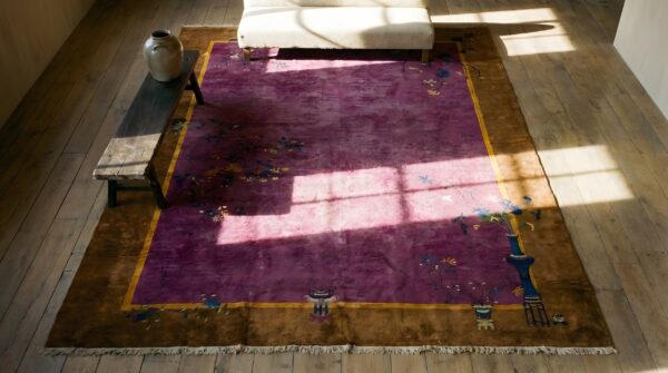 Large room size purple antique chinese art deco carpet 2 Large room size purple antique chinese art deco carpet (sku 23514) - styled overhead view
