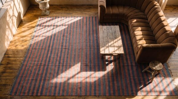 Large room size antique striped cotton dhurrie indian rug 2 Large room size antique striped cotton dhurrie indian rug (sku 21363) - styled overhead view