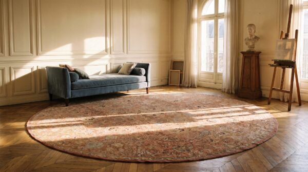 Antique large round coral axminster english knotted rug 10 Antique large round coral axminster english knotted rug (sku 19146) - room view