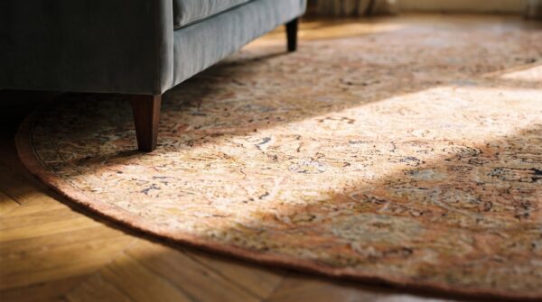 Antique large round coral axminster english knotted rug 11 Antique large round coral axminster english knotted rug (sku 19146) - in-room detail