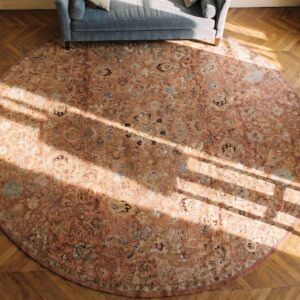 Antique Large Round Coral Axminster English Knotted Rug (SKU 19146) - styled overhead view