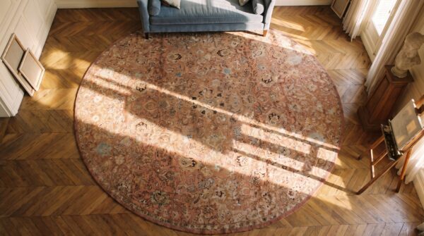 Antique large round coral axminster english knotted rug 2 Antique large round coral axminster english knotted rug (sku 19146) - styled overhead view