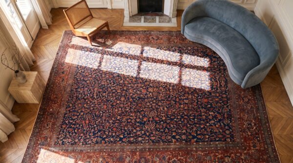 Antique large sarouk - farahan persian knotted rug 2 Antique large sarouk - farahan persian knotted rug (sku 20282) - styled overhead view