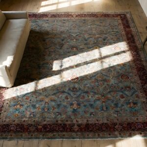Antique Large Sarouk Persian Floral Knotted Rug (SKU 23856) - styled overhead view