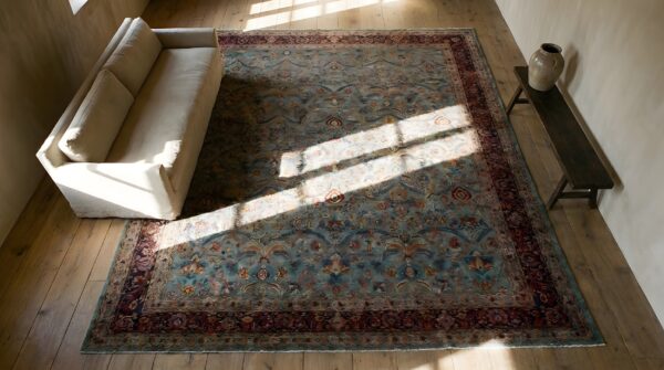 Antique large sarouk persian floral knotted rug 2 Antique large sarouk persian floral knotted rug (sku 23856) - styled overhead view