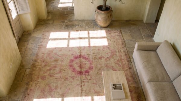 Antique large savonnerie french knotted rug (sku 21000) - styled overhead view