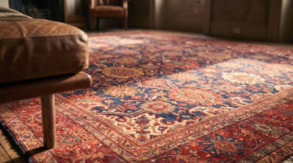 Large scale allover design blue background antique persian room size sultanabad rug (sku 19622) - in-room detail