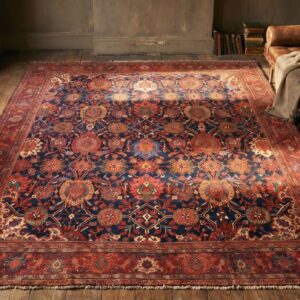 Large Scale Allover Design Blue Background Antique Persian Room Size Sultanabad Rug (SKU 19622) - styled overhead view