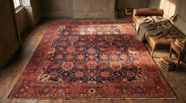 Large scale allover design blue background antique persian room size sultanabad rug (sku 19622) - styled overhead view