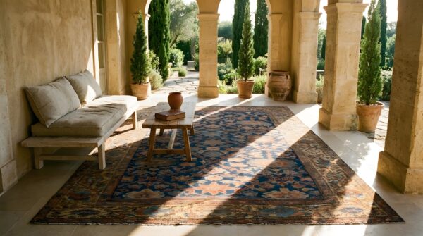 Large scale allover tribal design antique late 19th century blue persian sultanabad rug 6 Large scale allover tribal design antique late 19th century blue persian sultanabad rug (sku 24578) - room view