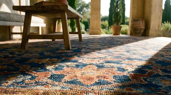 Large scale allover tribal design antique late 19th century blue persian sultanabad rug 7 Large scale allover tribal design antique late 19th century blue persian sultanabad rug (sku 24578) - in-room detail