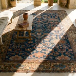 Large Scale Allover Tribal Design Antique Late 19th Century Blue Persian Sultanabad Rug (SKU 24578) - styled overhead view