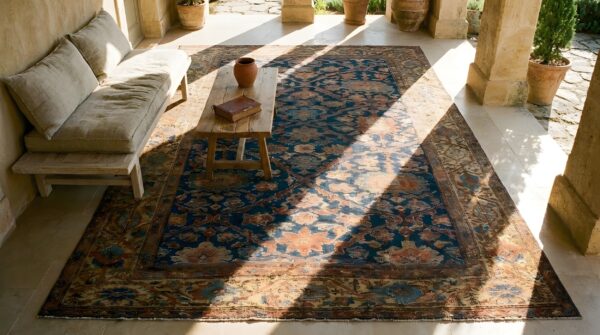 Large scale allover tribal design antique late 19th century blue persian sultanabad rug 2 Large scale allover tribal design antique late 19th century blue persian sultanabad rug (sku 24578) - styled overhead view