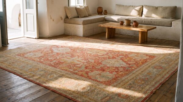 Large scale allover tribal pattern antique rustic coral color decorative turkish oushak rug 8 Large scale allover tribal pattern antique rustic coral color decorative turkish oushak rug (sku 21164) - room view