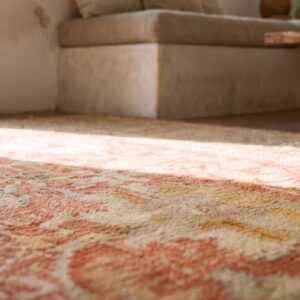 Large Scale Allover Tribal Pattern Antique Rustic Coral Color Decorative Turkish Oushak Rug (SKU 21164) - in-room detail