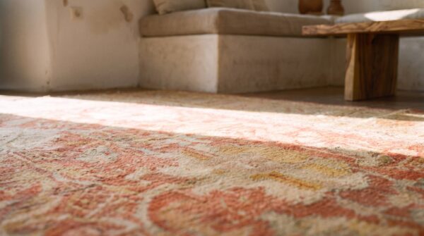 Large scale allover tribal pattern antique rustic coral color decorative turkish oushak rug 9 Large scale allover tribal pattern antique rustic coral color decorative turkish oushak rug (sku 21164) - in-room detail