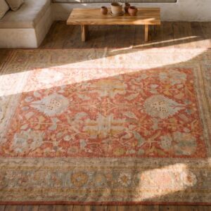 Large Scale Allover Tribal Pattern Antique Rustic Coral Color Decorative Turkish Oushak Rug (SKU 21164) - styled overhead view