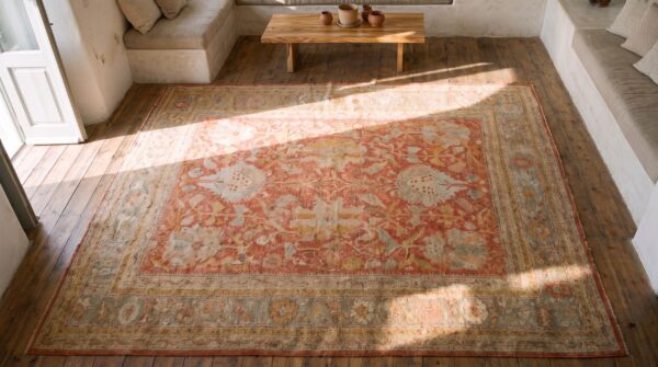 Large scale allover tribal pattern antique rustic coral color decorative turkish oushak rug 2 Large scale allover tribal pattern antique rustic coral color decorative turkish oushak rug (sku 21164) - styled overhead view
